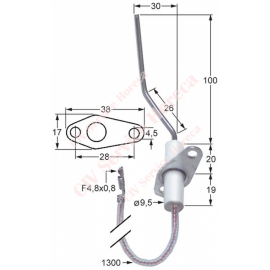 Electrod de aprindere LF 38mm LF 17mm D1 ø 9,5mm L1 100mm L2 30mm L3 26mm LC1 20mm LC2 19mm