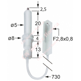 Electrod de aprindere D1 ø 5mm lungime cablu 730mm racord F 2,8x0,8mm D2 ø 8mm L1 2,5mm LC1 20mm