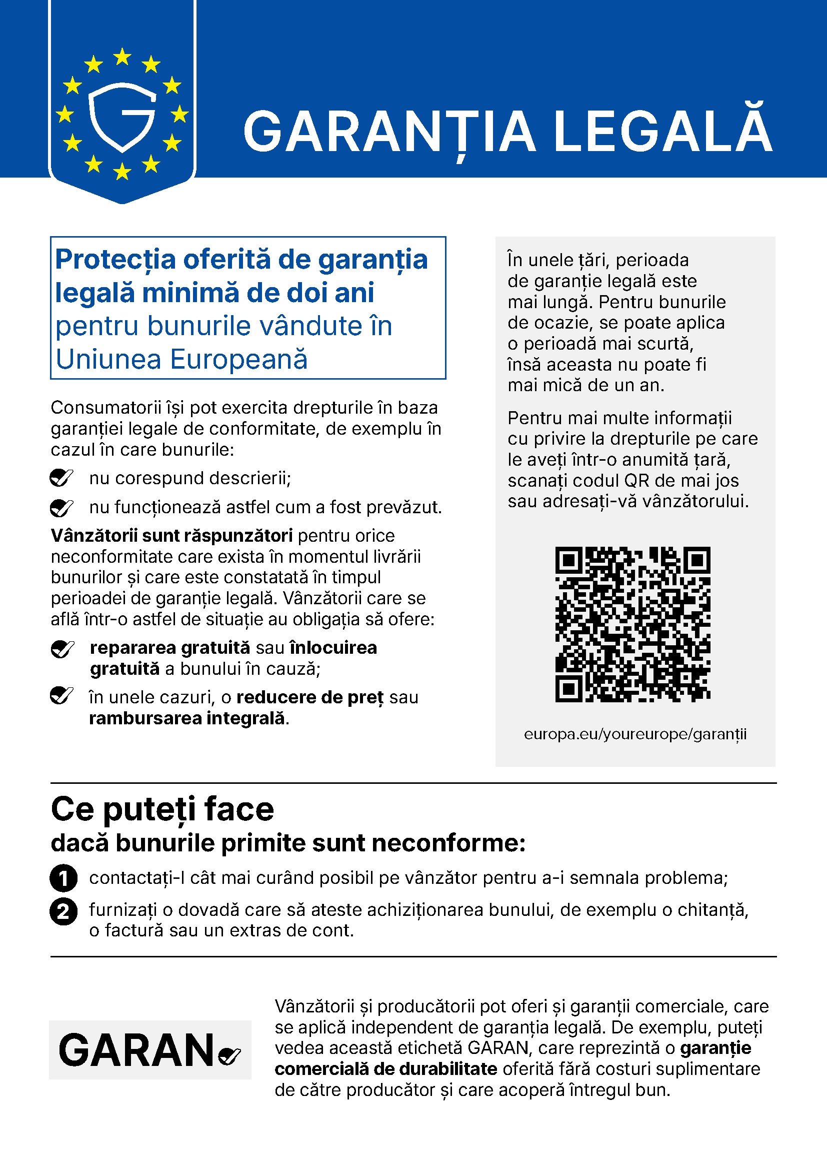 Notificare armonizată privind garanția legală de conformitate